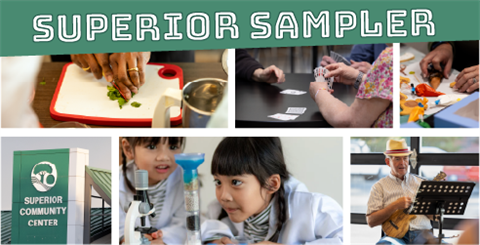 collage of photos of SCC programs with a green background and caption 